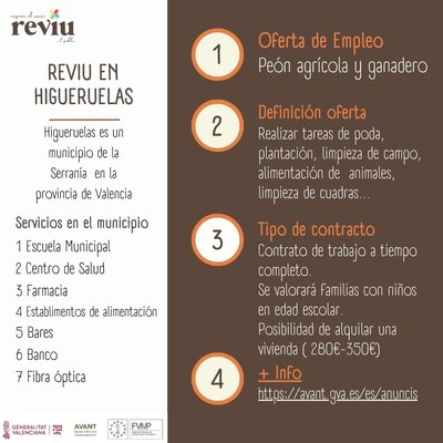 OPORTUNIDAD REVIU OCUPA'T DE PEÓN AGRÍCOLA Y GANADERO EN HIGUERUELAS, LA SERRANÍA (VALENCIA)