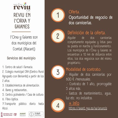 Alquiler de dos carnicerías en las localidades de l'Orxa y Gaianes (Comarca Comtat) Alicante.