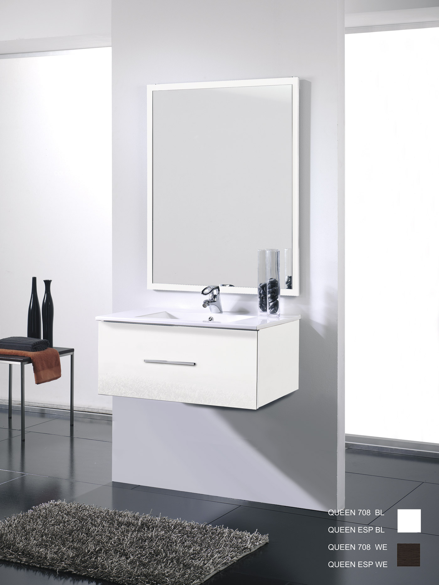Mueble baño blanco brillo 1 cajon Suspendido. Incluye Lavabo (Ref: queen708bl)
