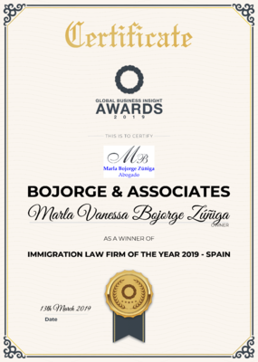 Certificado de reconocimiento, Bojorge & Associates "Immigration Law Firm of the Year 2019 in Spain", Global Business Insight A