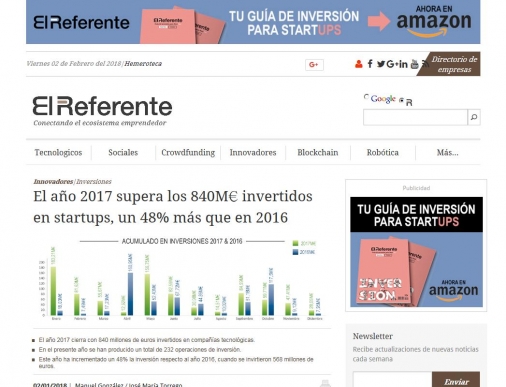 El a�o 2017 supera los 840M invertidos en startups, un 48% m�s que en 2016