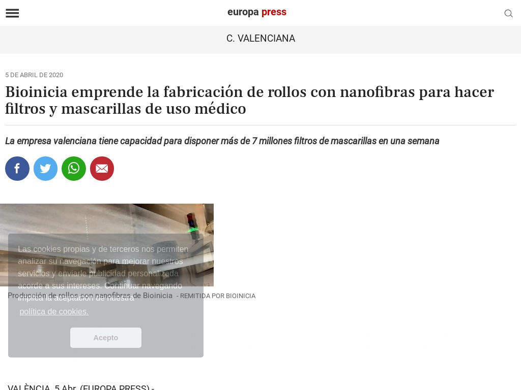 Bioinicia emprende la fabricaci�n de rollos con nanofibras para hacer filtros y mascarillas de uso m�dico